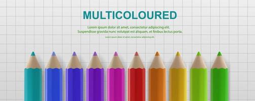 A set of colored pencils on the background of a notebook sheet. Vector realistic illustration