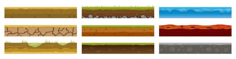Seamless Earth Surface. Green grass land landscape, sandy desert and sea water beach. Soil layers texture for game level design, isolated cartoon vector fabric set