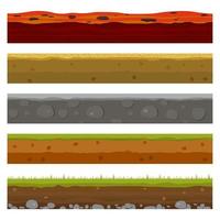 Soil, earth and underground layers, cartoon seamless game levels. Vector cross section view of natural earth texture with mud, pebbles, green grass and water.