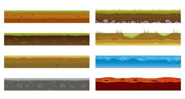 Seamless Earth Surface. Green grass land landscape, sandy desert and sea water beach. Soil layers texture for game level design, isolated cartoon vector fabric set.