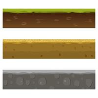 Soil, ground, and underground layers, cartoon seamless game levels. Vector cross-section view of natural earth texture with mud, pebbles.