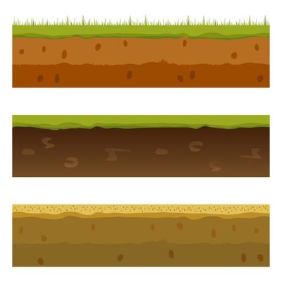 Soil, ground, and underground layers, cartoon seamless game levels. Vector cross-section view of natural earth texture with mud, pebbles