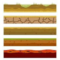 Soil, earth and underground layers, cartoon seamless game levels. Vector cross section view of natural earth texture with mud, pebbles, green grass and water