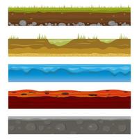 superficie de la tierra sin fisuras. paisaje de tierra de hierba verde, desierto de arena y playa de agua de mar. textura de capas de suelo para el diseño de niveles de juego, conjunto de telas vectoriales de dibujos animados aislados. vector