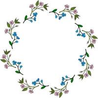 Round frame with sakura branches and flowers forget-me-not on white background. Vector image.