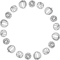 Round frame with black-and-white different pumpkin for Halloween. Vector image.