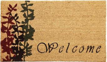 Beautiful cursive welcome peach color doormat with red and black flower plant photo