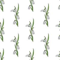 Seamless pattern with creative spring snowdrops on white background. Vector image.