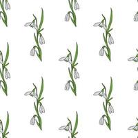 Seamless pattern with creative spring snowdrops on white background. Vector image.