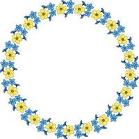Round frame with buttercups and flowers forget-me-not on white background. Vector image.