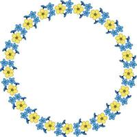 Round frame with buttercups and flowers forget-me-not on white background. Vector image.