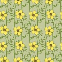 Seamless pattern with buttercups and green branches on light green background. Vector image.