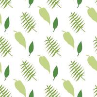 Seamless pattern with stylish green leaves silhouettes on white background. Vector image.