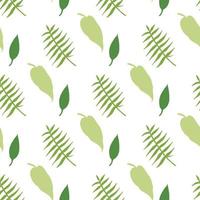 Seamless pattern with stylish green leaves silhouettes on white background. Vector image.