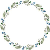 Round frame with creative buttercups and flowers forget-me-not on white background. Vector image.