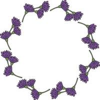 Round frame with summer violet flowers on white background. Vector image.