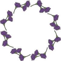 Round frame with summer violet flowers on white background. Vector image.