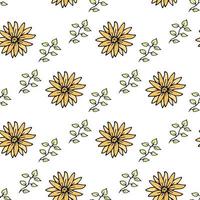 Seamless pattern with cute yellow flowers and green branches on white background. Vector image.