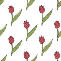 Seamless pattern with cute bright pink tulips on white background. Vector image.