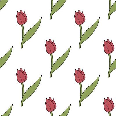 Seamless pattern with cute bright pink tulips on white background. Vector image.