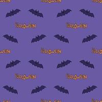 Seamless pattern with bat and text on violet background. Vector image.
