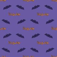 Seamless pattern with bat and text on violet background. Vector image.