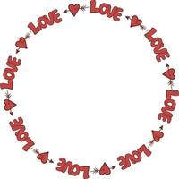 Round frame with words love and hearts on white background. Vector image.