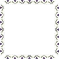 Square frame with summer violet flowers and green decorative elements on white background. Vector image.