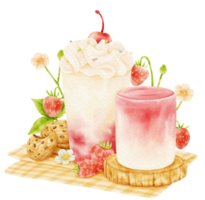 composição de bebida de smoothie de morango aquarela png