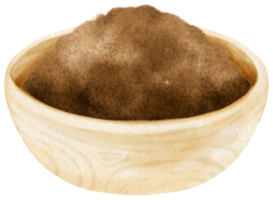 watercolor cocoa powder in wooden bowl png