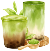 té de leche matcha latte con composición de burbujas acuarela png