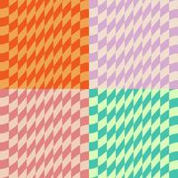 Set of Multi Color Warped Checkers Background Designs. Four Square Checkered Seamless Patterns of Bright And Pastel Colors. Modern Dynamic Textures for Digital, Print And Web Design. vector