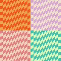 conjunto de diseños de fondo de damas deformadas de varios colores. cuatro patrones sin fisuras a cuadros cuadrados de colores brillantes y pastel. texturas dinámicas modernas para diseño digital, impreso y web. vector