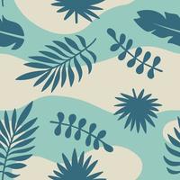 Bright Tropical Leaves Seamless Pattern on Teal Backdrop, Summer Vector Background.