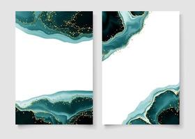 Pastel cyan mint liquid marble watercolor background with white lines and brush stains. Set