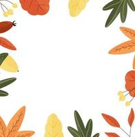 Autumn background for text with leaves, nuts, acorns, berries, seasonal elements. Square frame template. Vector illustration with botanical elements