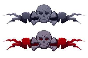 Stone Skull on the award ribbons for the game ui. Vector illustration set of gray tag banners, rock scary skulls for graphic design.