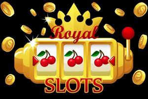 Royal Gold Slot Machine, jackpot bonus coins with crown for ui game. Explosion of coins vector