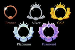 Frame game rank, gold, silver, platinum, bronze, diamond round avatar template for game. vector