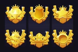 Set golden awards with icons crown, dollar, diamond, shield for ui game. Vector illustration collection icon templates for winner.