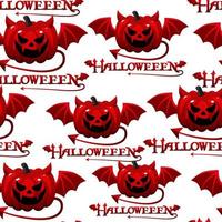 seamless pattern with devil halloween pumpkin with wings. vector