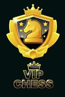 logotipo e icono de ajedrez vip para el juego de ajedrez. escudo dorado con figura de ajedrez de caballero vector