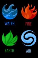 4 elementos naturaleza, iconos de arte agua, tierra, fuego, aire para el juego. vector