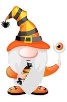 Orange gnome with candy and lollipop for Halloween Day. Vector illustration, postcard banner with festive dwarf.