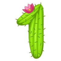 Cartoon cactus number 1 with flower font kids numbers. Green figure One vector
