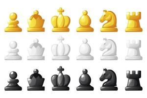 juego de figuras de ajedrez para el juego de mesa de estrategia de ajedrez. vectorfiguras de ajedrez en juego negro, blanco y dorado vector