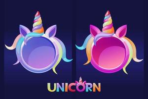 Round unicorn frames, cartoon blank avatars for graphic design. Vector illustration set cute frames unicorn face templates for games.