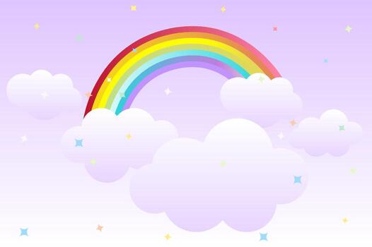 Cartoon background with rainbow in the sky and clouds for graphic design. vector