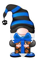 Gnome with gift Box for Halloween Day. Vector illustration, postcard banner with festive dwarf.