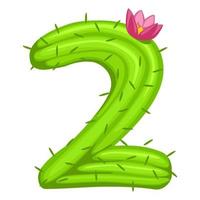 Cartoon cactus number 2 with flower font kids numbers. Green figure Two vector